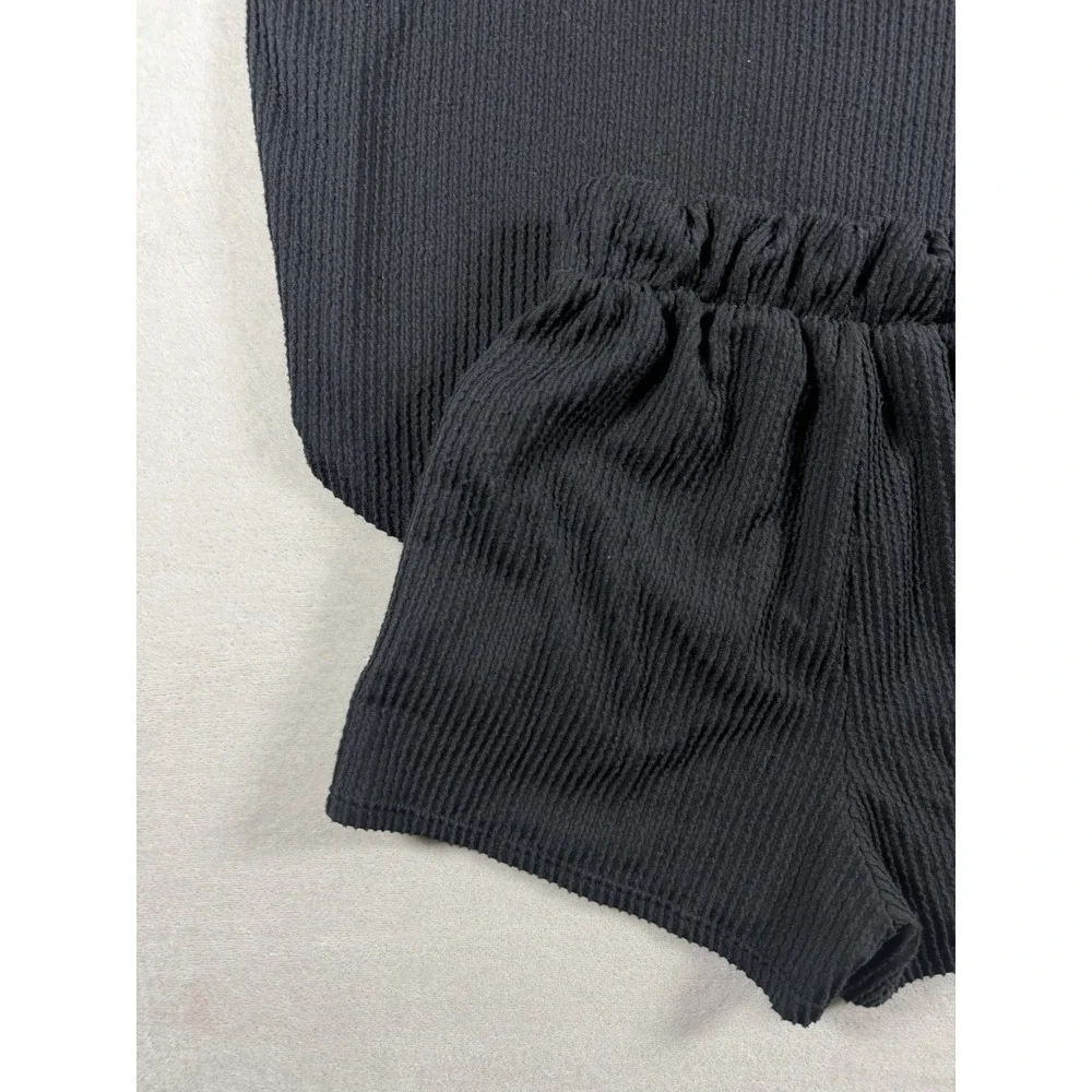 Fashion Nova Ribbed 2 Piece Lounge Set Black Henley Top Boxer Shorts Medium‎